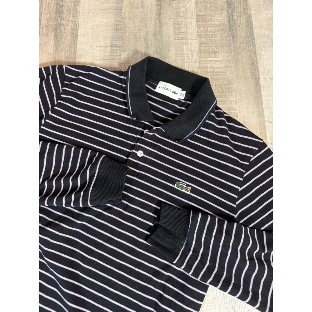 Lacoste Mens Long Sleeve Polo Shirt XL Black Purple Striped Crocodile Logo